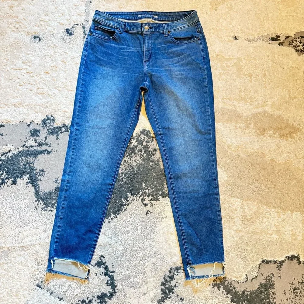 Michael Kors Izzy Skinny Ankle Jeans in Medium Blue Wash Raw Hem Split Cuff Sz 8